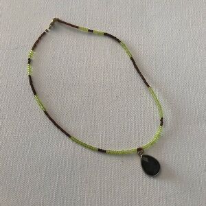 Green and Brown Beaded Choker Necklace with Dark Green Pendant 14”